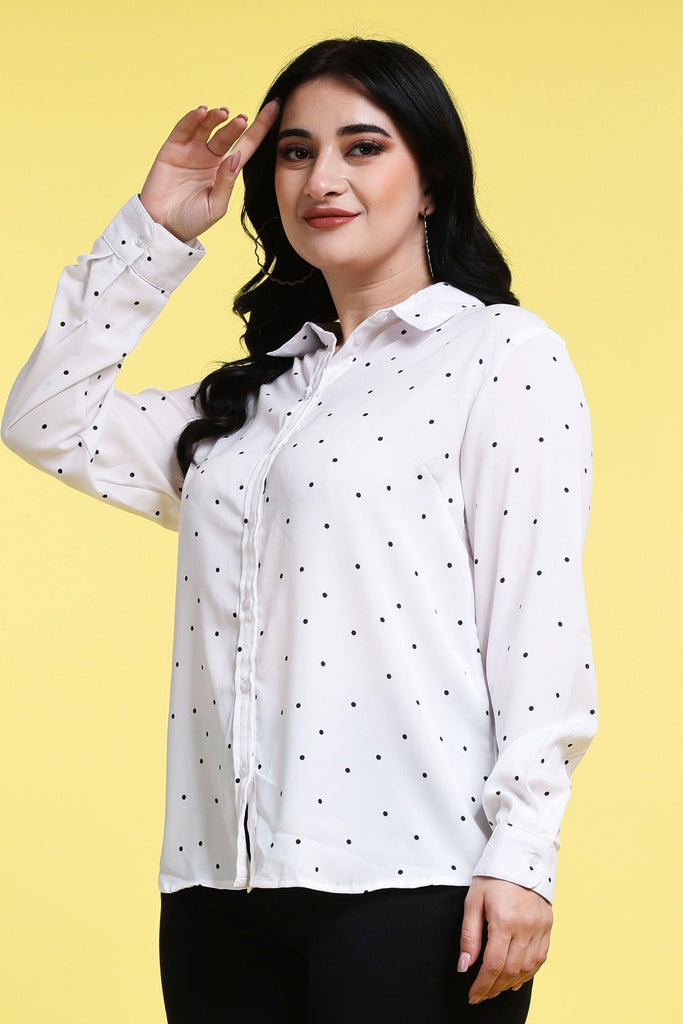 Model wearing Poly Crepe Shirt with Pattern type: Polka Dots-4