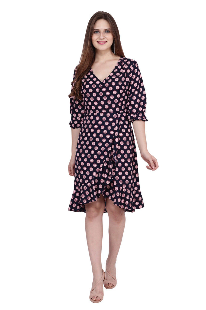 Model wearing Poly Crepe Mini Dress with Pattern type: Geometric-2