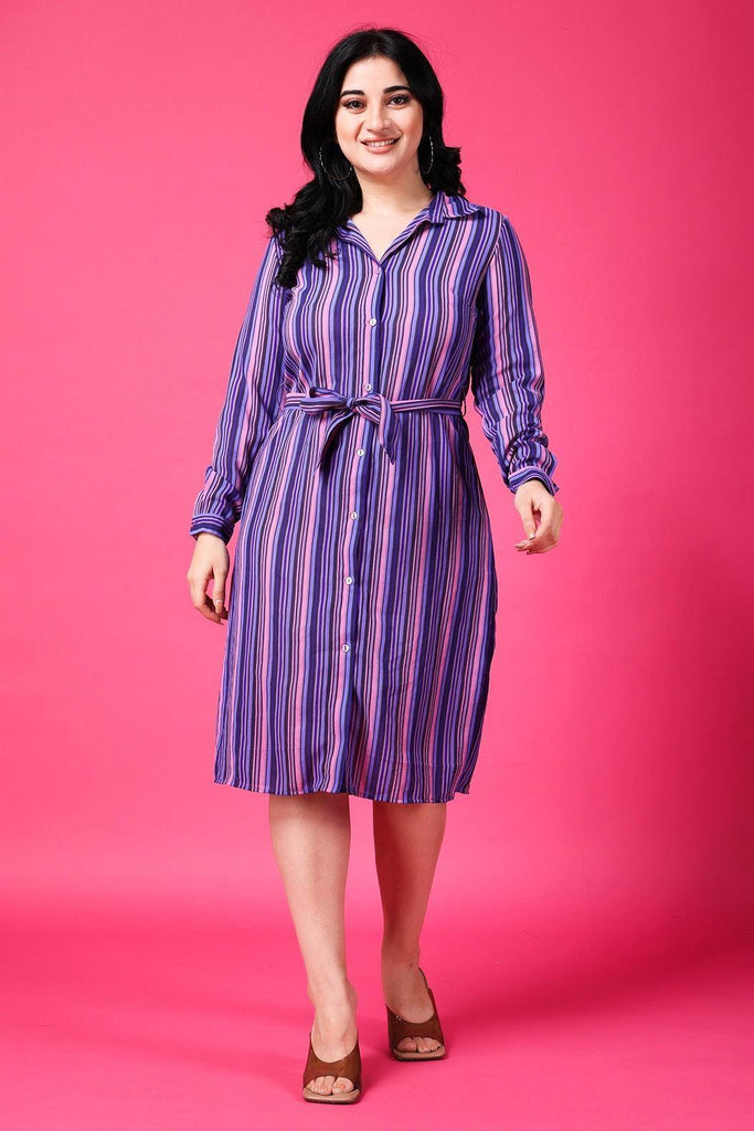 Model wearing Polyster Georgette Midi Dress with Pattern type: Striped-1
