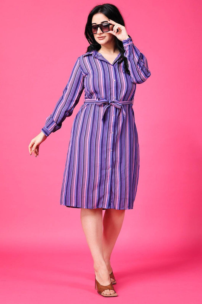 Model wearing Polyster Georgette Midi Dress with Pattern type: Striped-6