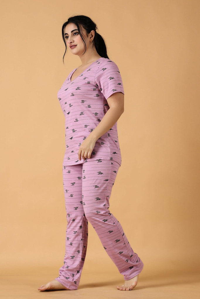 Model wearing Cotton Night Suit Set with Pattern type: Penguin-5