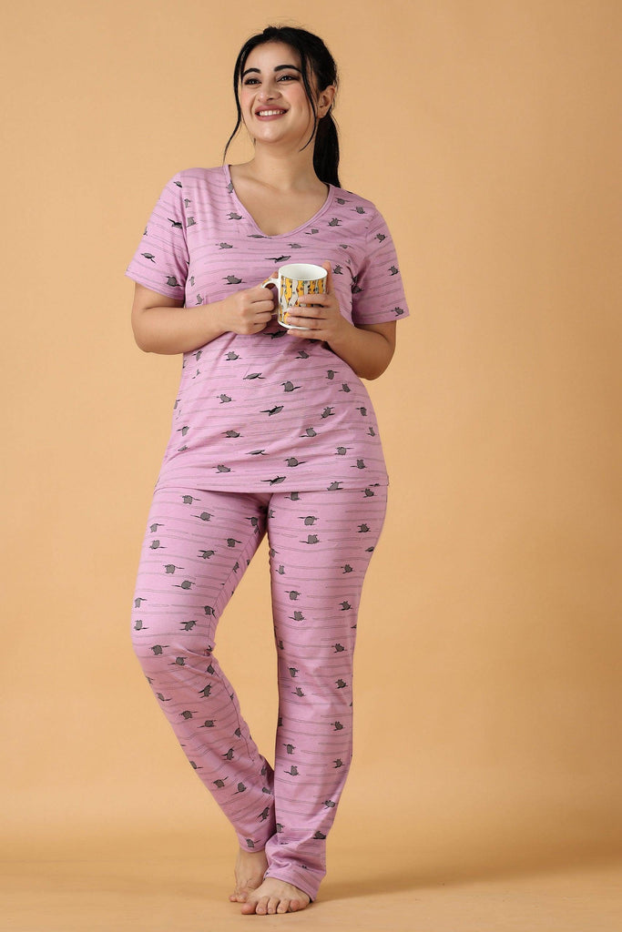 Model wearing Cotton Night Suit Set with Pattern type: Penguin-6