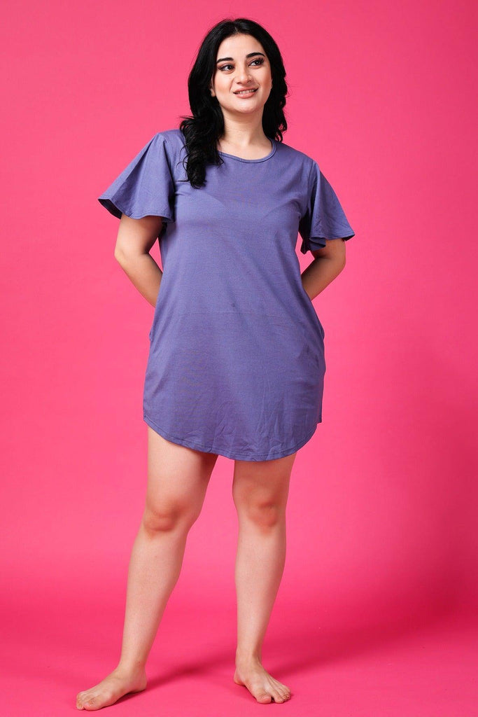 Model wearing Cotton Blended Mini Night Dress with Pattern type: Solid-2