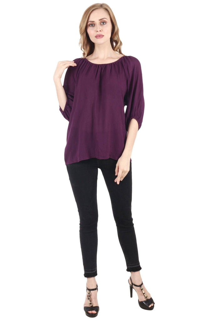 Model wearing Viscose Crepe Top with Pattern type: Solid-4