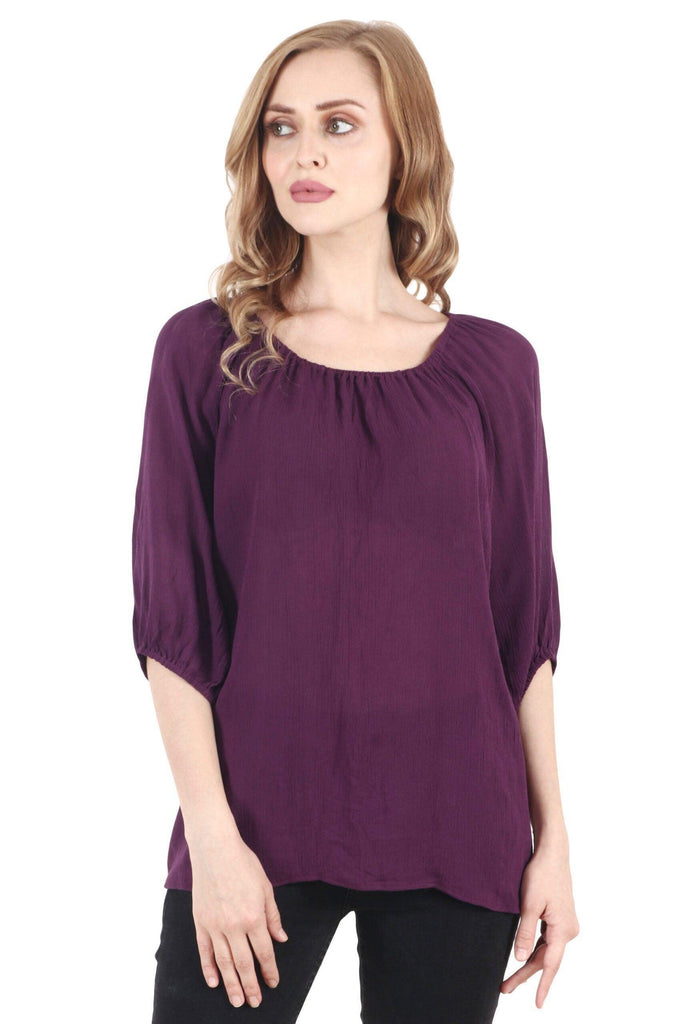Model wearing Viscose Crepe Top with Pattern type: Solid-6