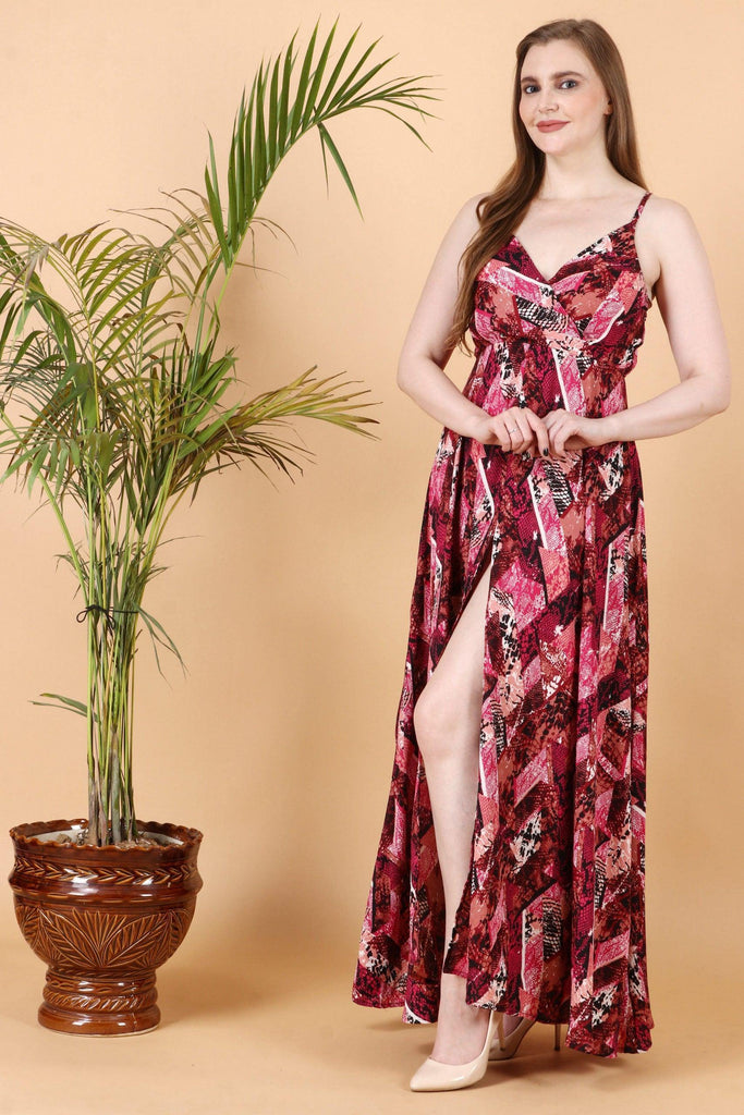 Model wearing Poly Crepe Maxi Dress with Pattern type: Abstract -1