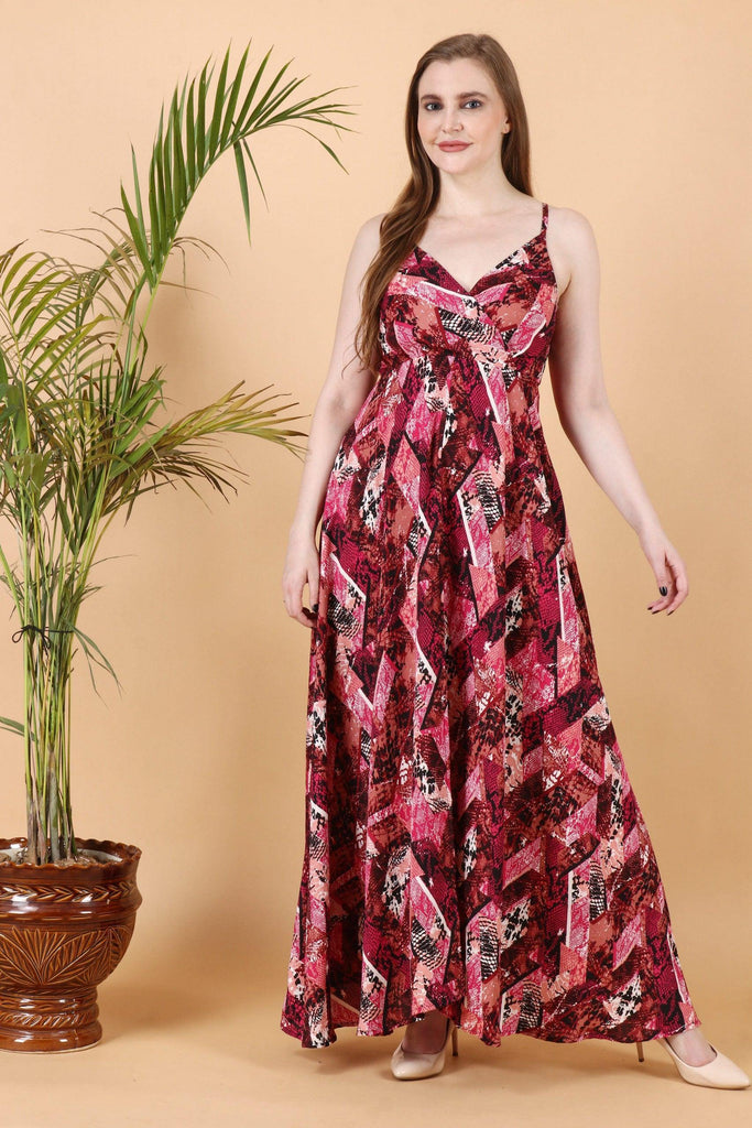 Model wearing Poly Crepe Maxi Dress with Pattern type: Abstract -2