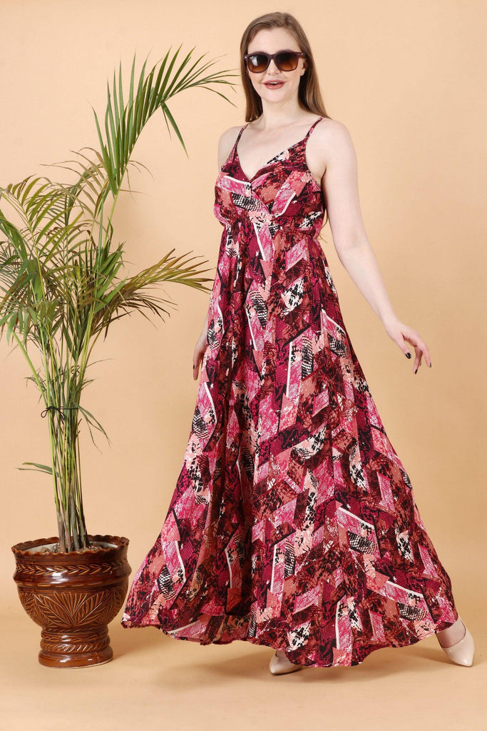 Model wearing Poly Crepe Maxi Dress with Pattern type: Abstract -3