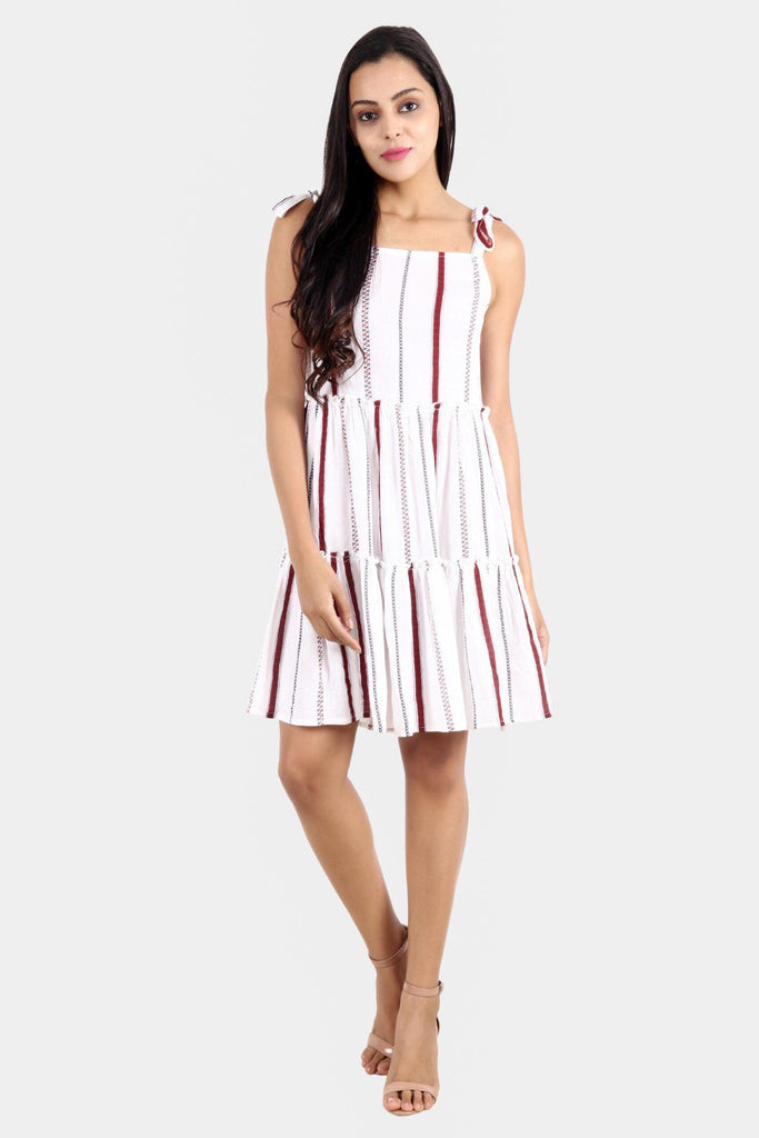 Model wearing Viscose Crepe Mini Dress with Pattern type: Striped-1