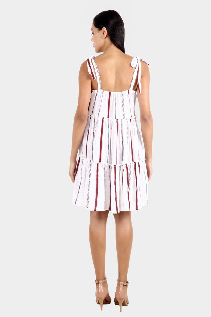 Model wearing Viscose Crepe Mini Dress with Pattern type: Striped-3