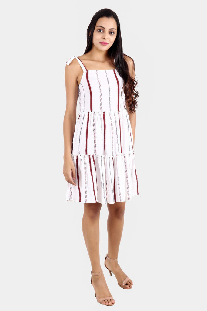 Model wearing Viscose Crepe Mini Dress with Pattern type: Striped-4