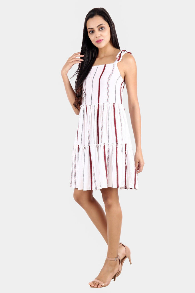 Model wearing Viscose Crepe Mini Dress with Pattern type: Striped-5