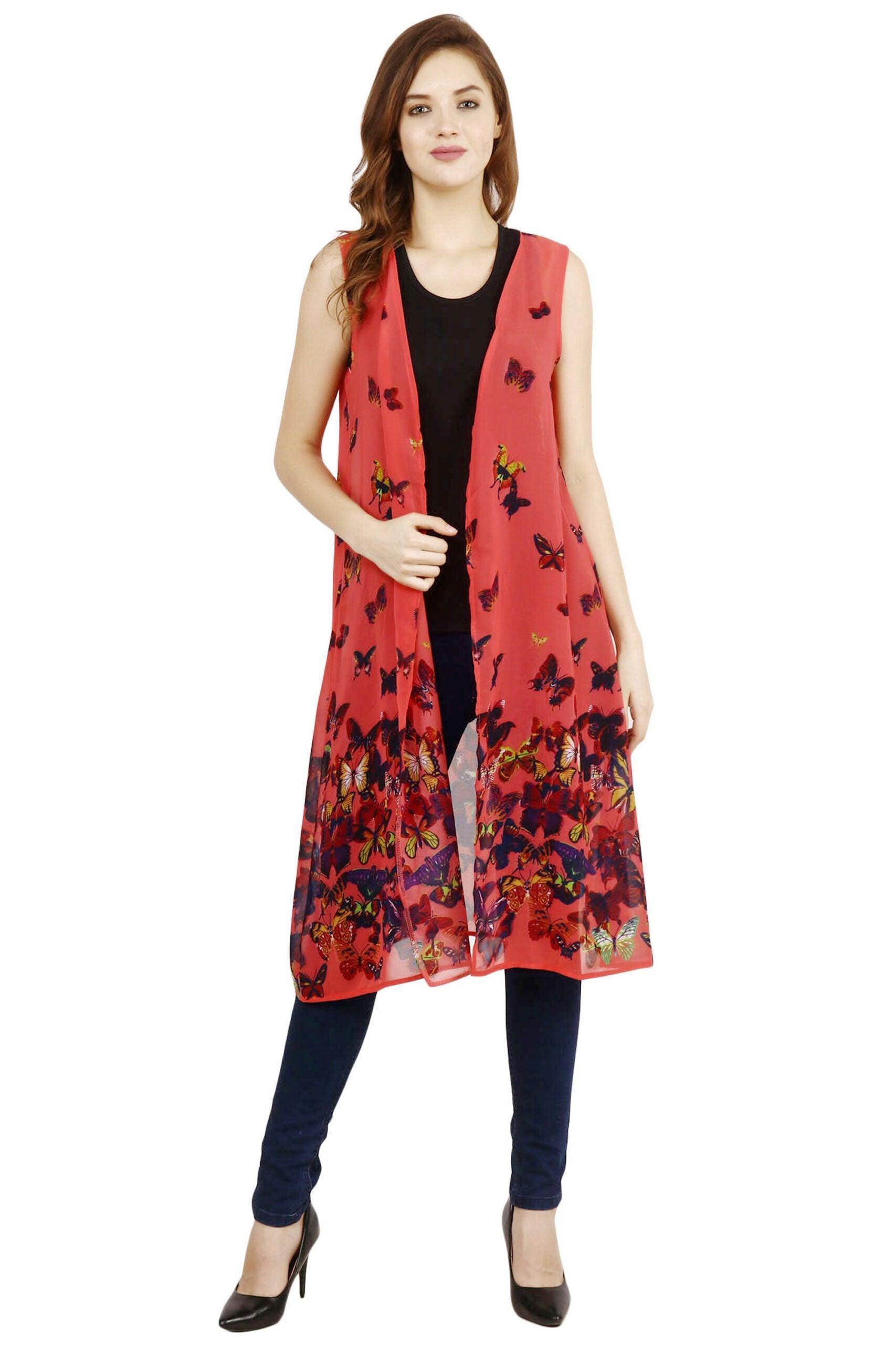 Fluttery Butterfly Print Georgette Shrug Sleeveless, Semi-Sheer
