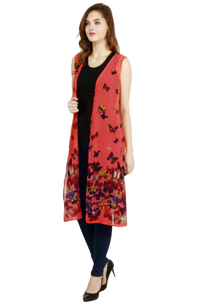 Model wearing Georgette Shrug with Pattern type: Butterfly Print-4