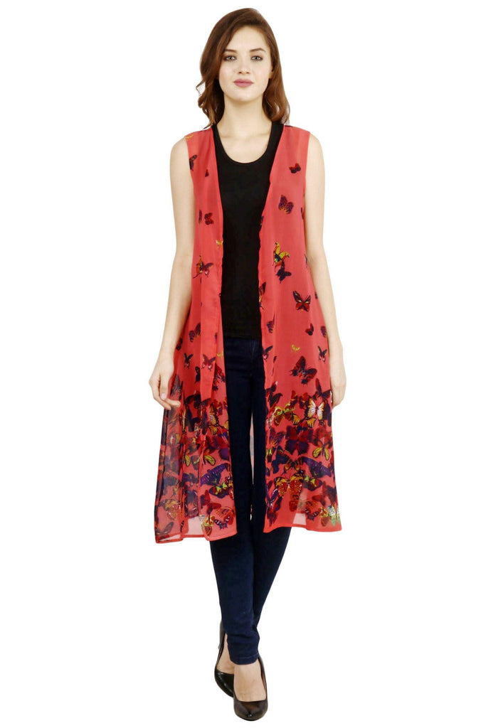 Model wearing Georgette Shrug with Pattern type: Butterfly Print-5