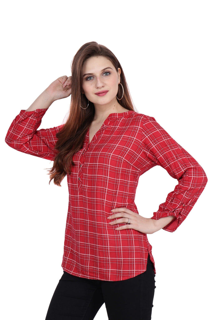 Model wearing Rayon Top with Pattern type: Checked-1