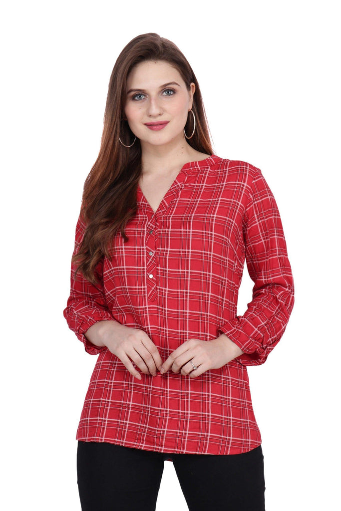 Model wearing Rayon Top with Pattern type: Checked-3