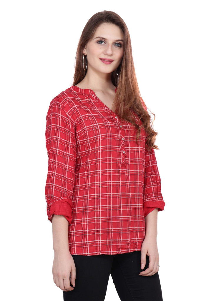 Model wearing Rayon Top with Pattern type: Checked-4