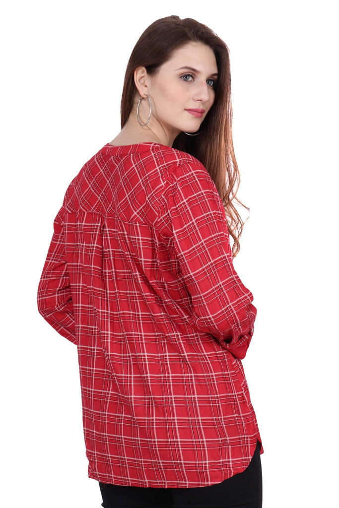 Model wearing Rayon Top with Pattern type: Checked-5