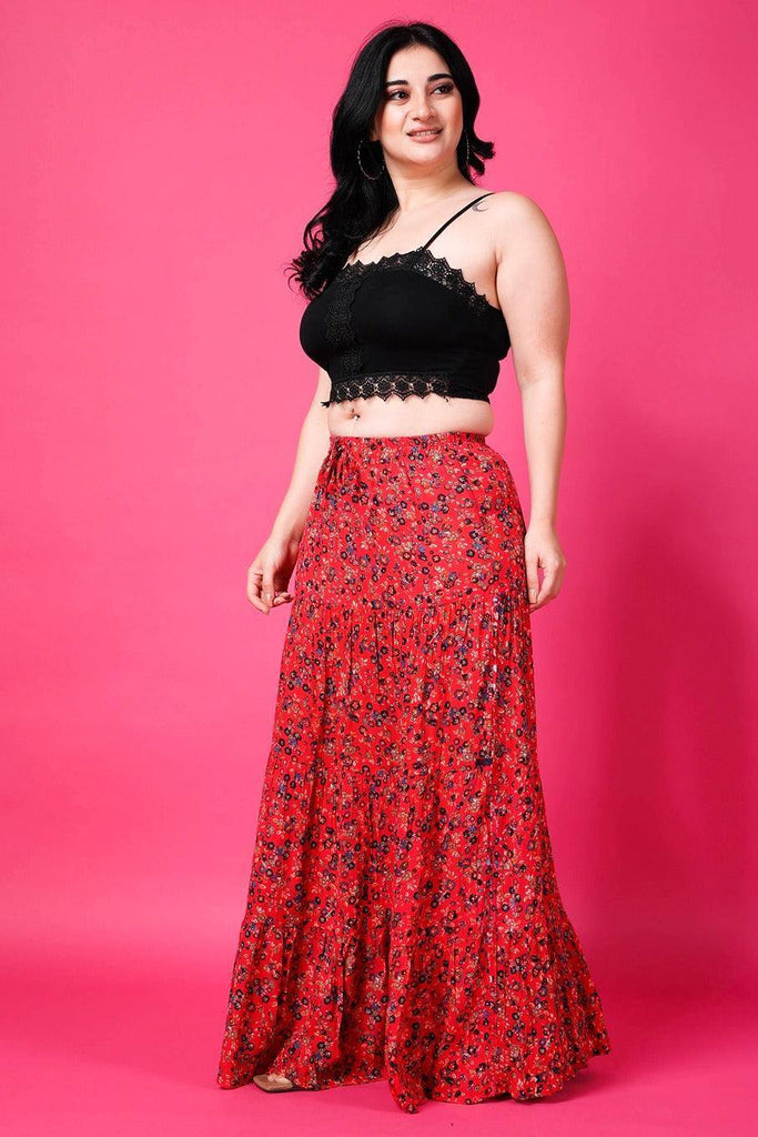 Model wearing Viscose Crepe Maxi Skirt with Pattern type: Floral-2