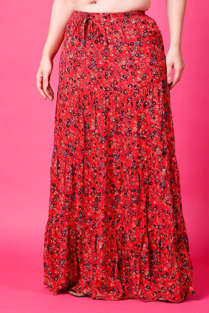 Red Floral Printed Maxi Skirt - Main Image