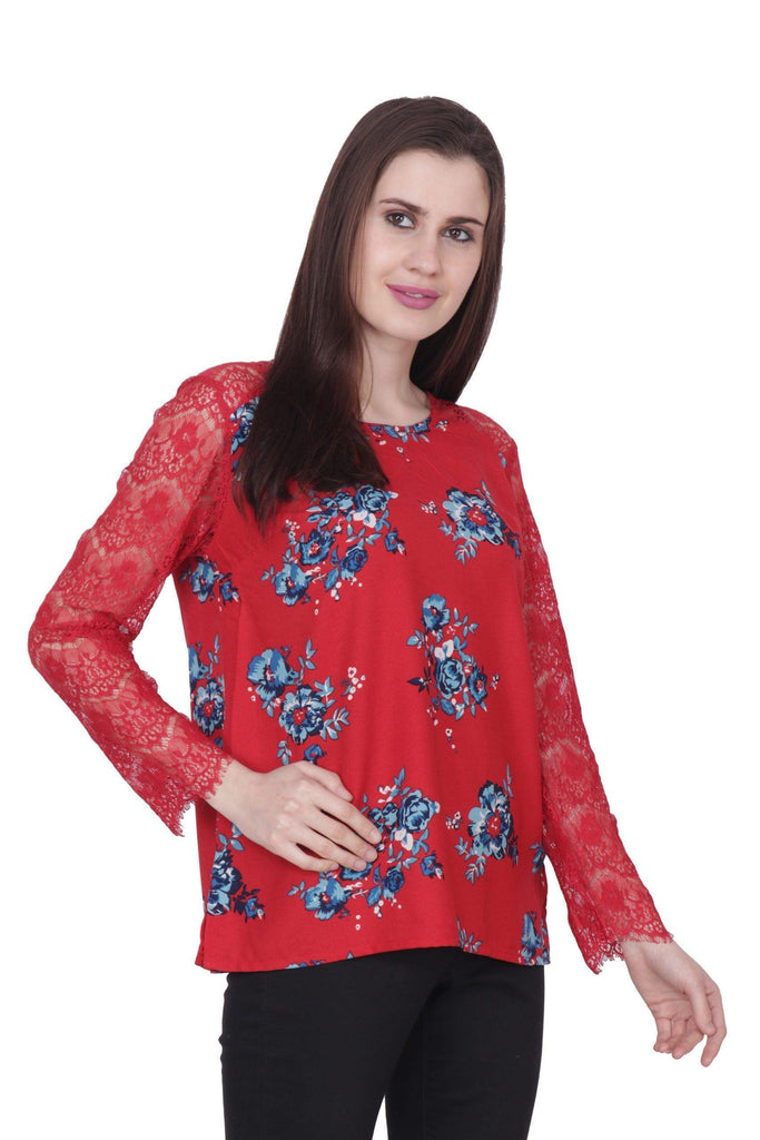 Model wearing Poly Crepe Top with Pattern type: Floral-3