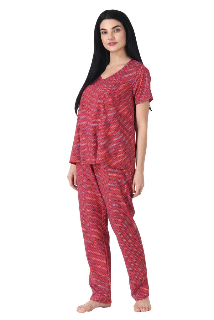 Model wearing Rayon Night Suit Set with Pattern type: Graphic-1