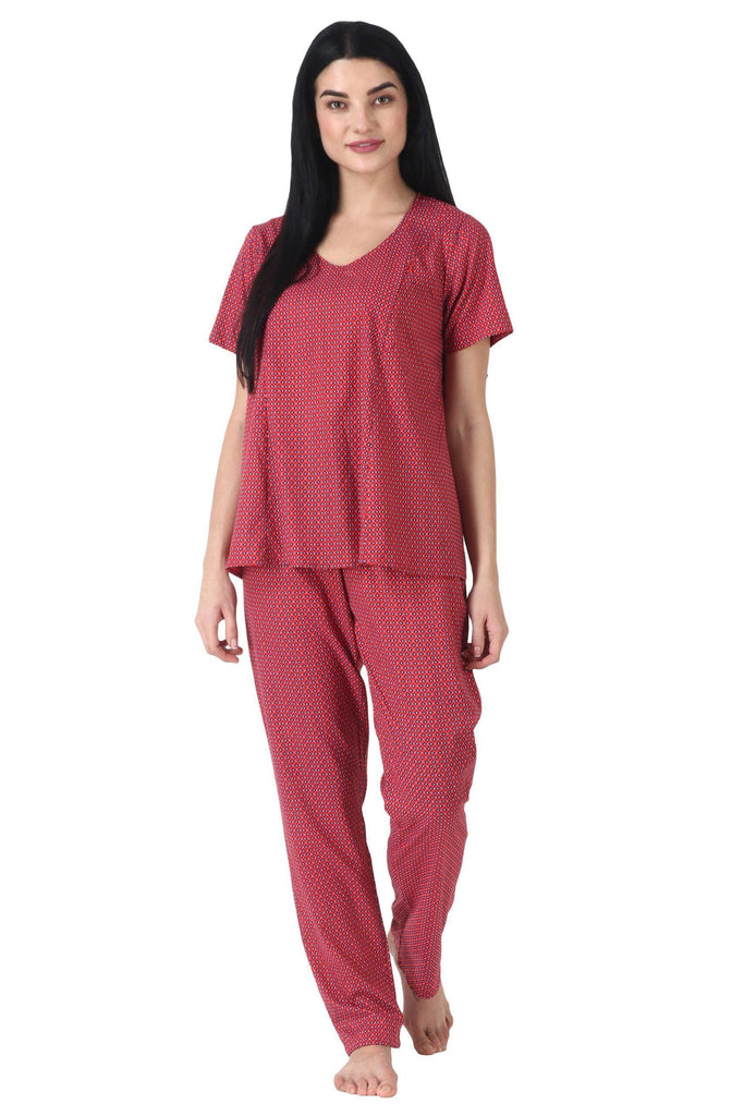 Model wearing Rayon Night Suit Set with Pattern type: Graphic-5