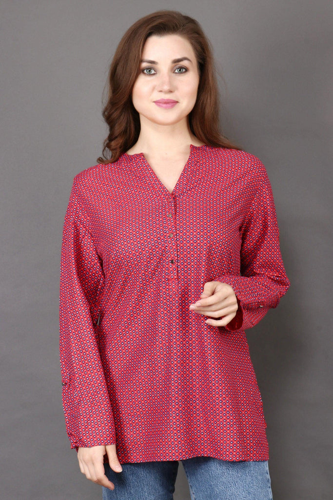 Model wearing Rayon Top with Pattern type: Graphic-1
