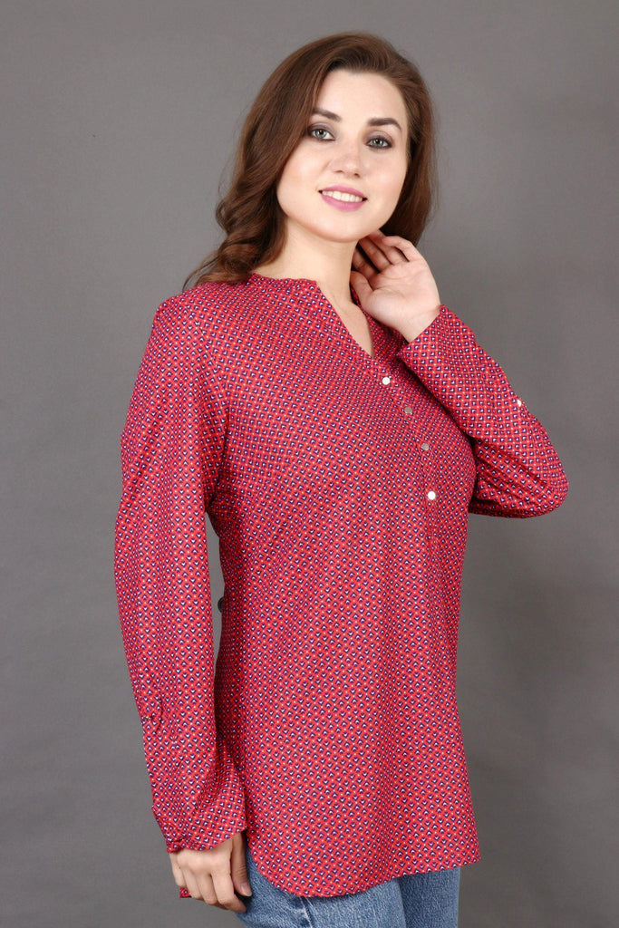 Model wearing Rayon Top with Pattern type: Graphic-3