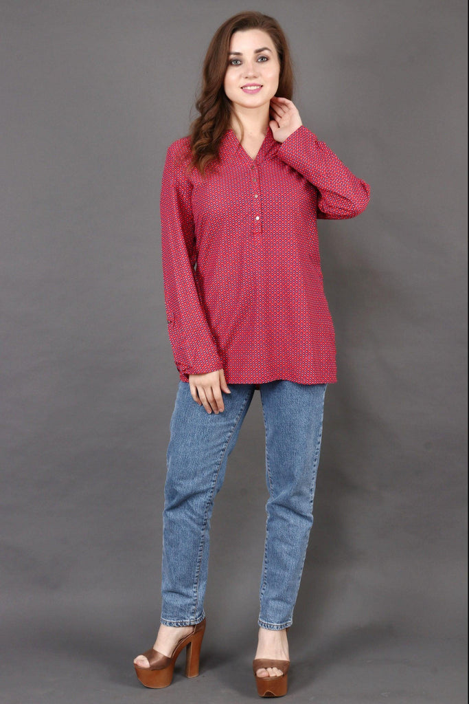 Model wearing Rayon Top with Pattern type: Graphic-5