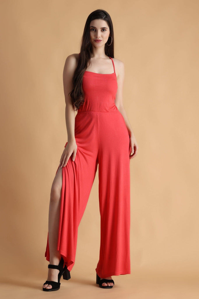 Model wearing Viscose Lycra Jumpsuit with Pattern type: Solid-7
