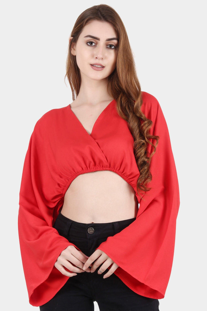 Model wearing Polyester Crop Top with Pattern type: Solid-1