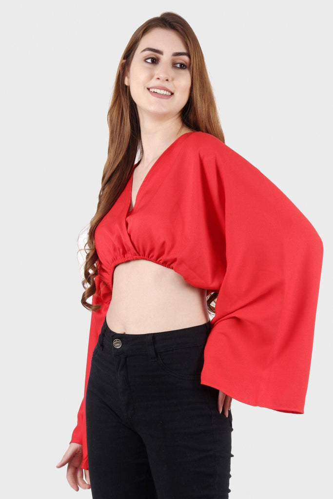 Model wearing Polyester Crop Top with Pattern type: Solid-4