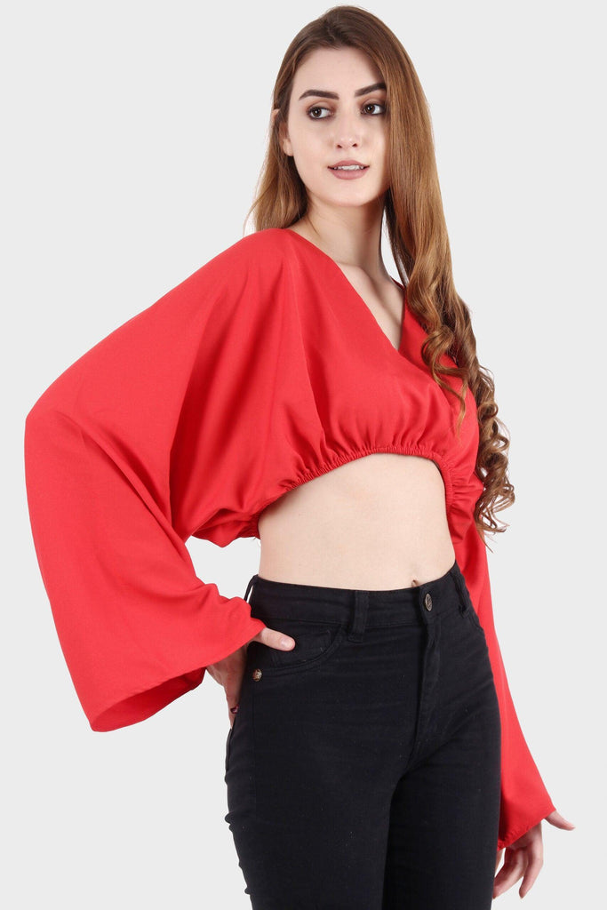 Model wearing Polyester Crop Top with Pattern type: Solid-5