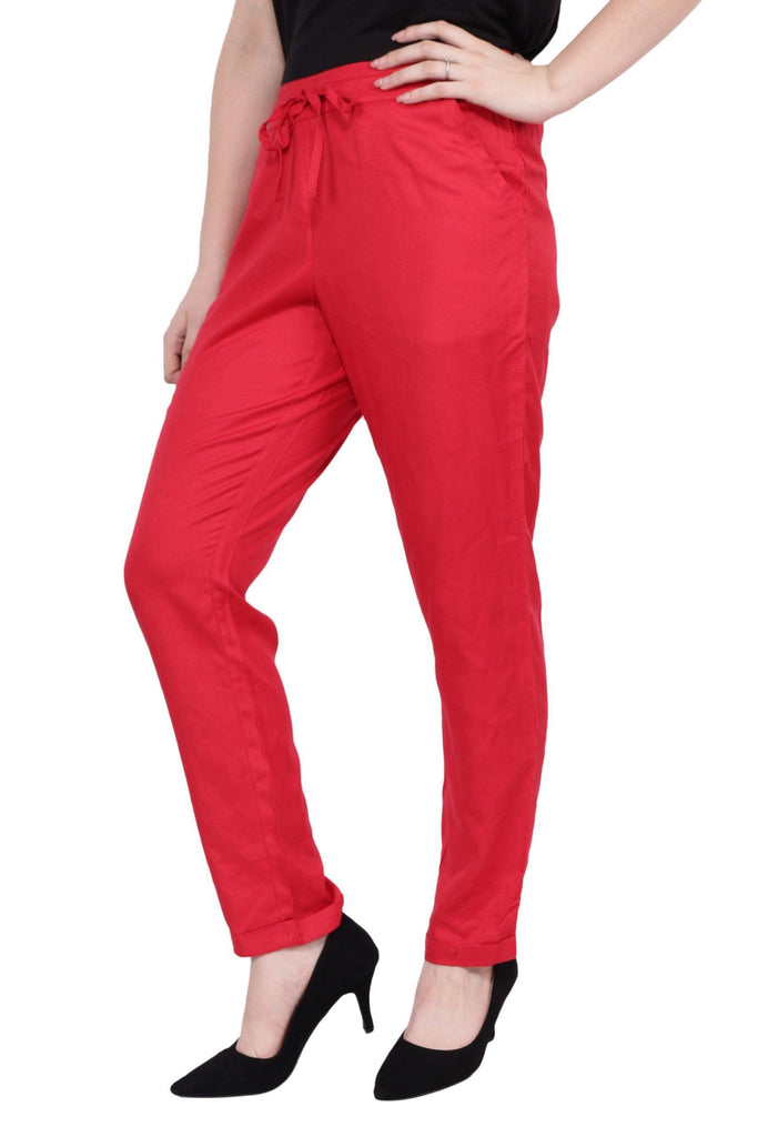 Model wearing Viscose Trousers with Pattern type: Solid-1