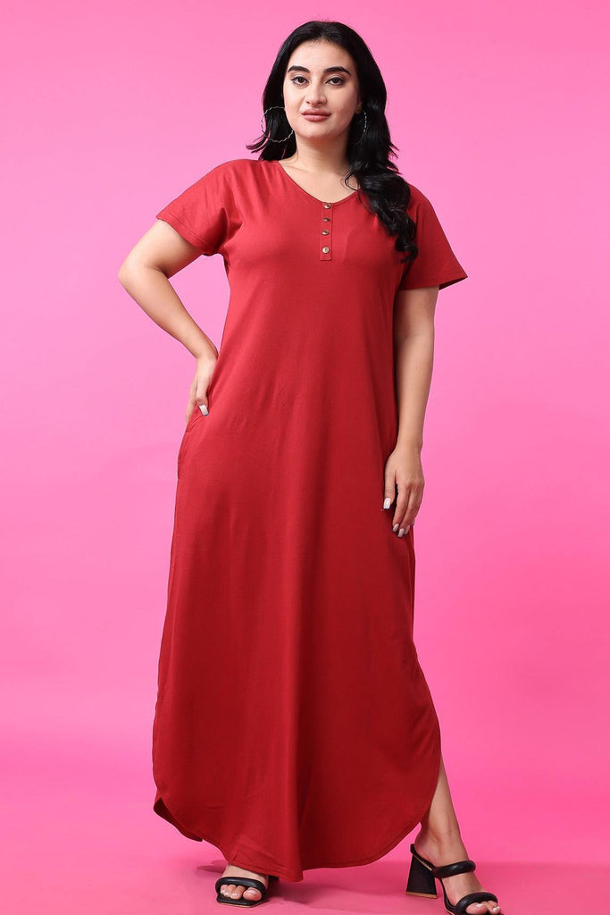 Model wearing Cotton Lycra Long Night Dress with Pattern type: Solid-3