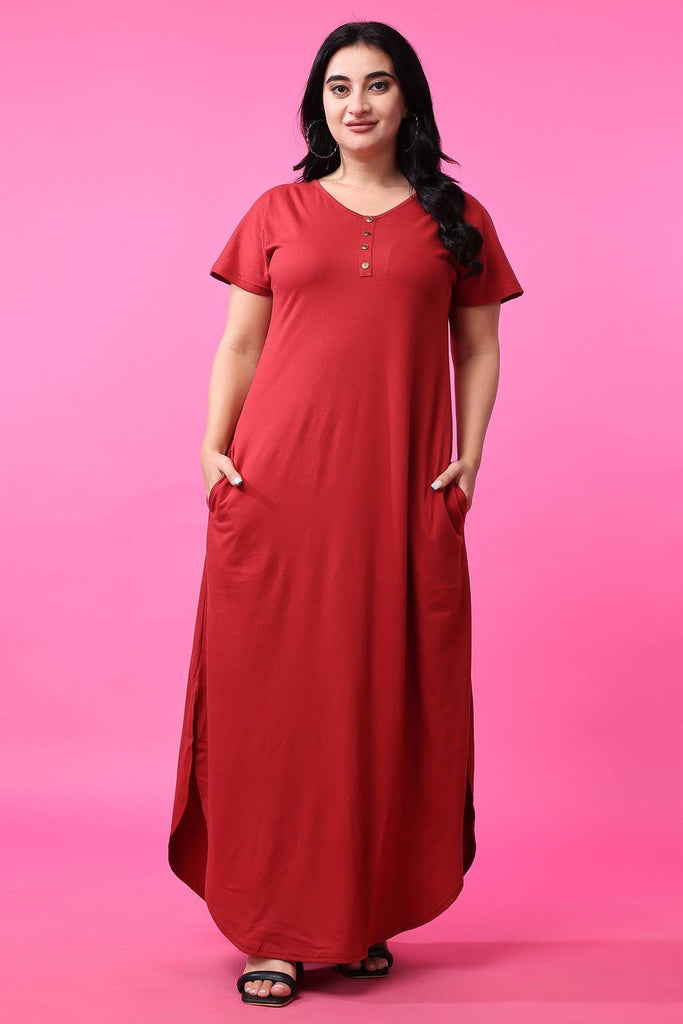 Model wearing Cotton Lycra Long Night Dress with Pattern type: Solid-2