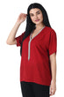 Red Solid Top with Silver Beads Neckline
