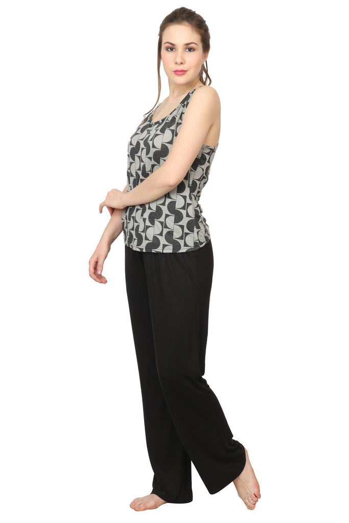Model wearing Viscose Elastane Night Suit Set with Pattern type: Semi Circles-1