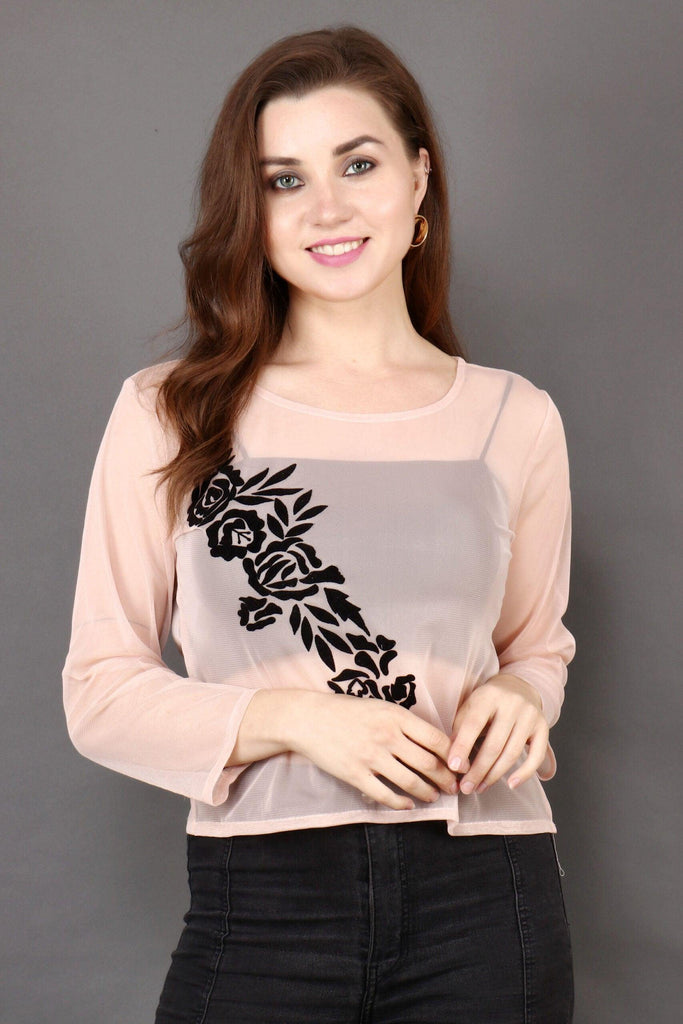 Model wearing Polyster Georgette Top with Pattern type: Solid-14