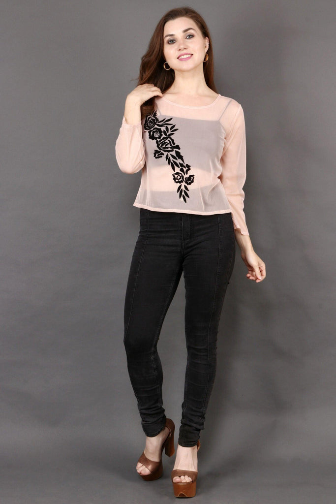 Model wearing Polyster Georgette Top with Pattern type: Solid-15