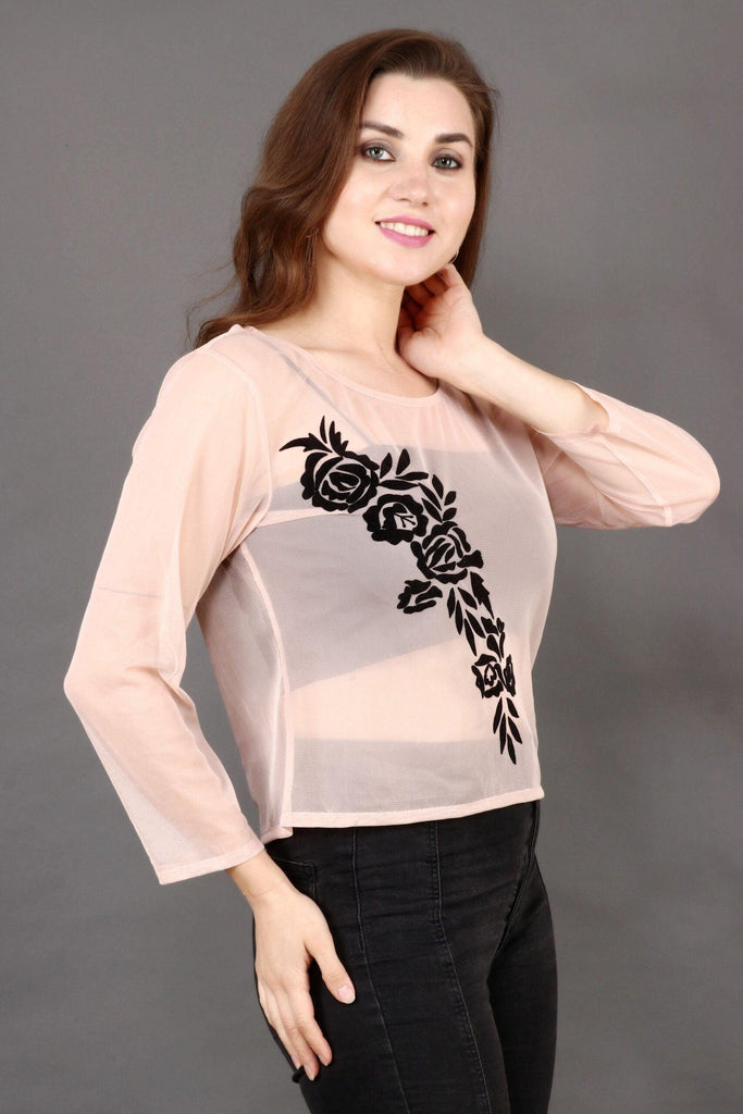 Model wearing Polyster Georgette Top with Pattern type: Solid-17