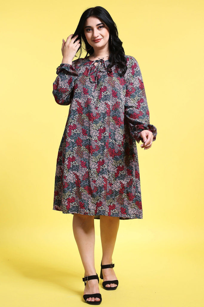 Model wearing Poly Crepe Mini Dress with Pattern type: Floral-2