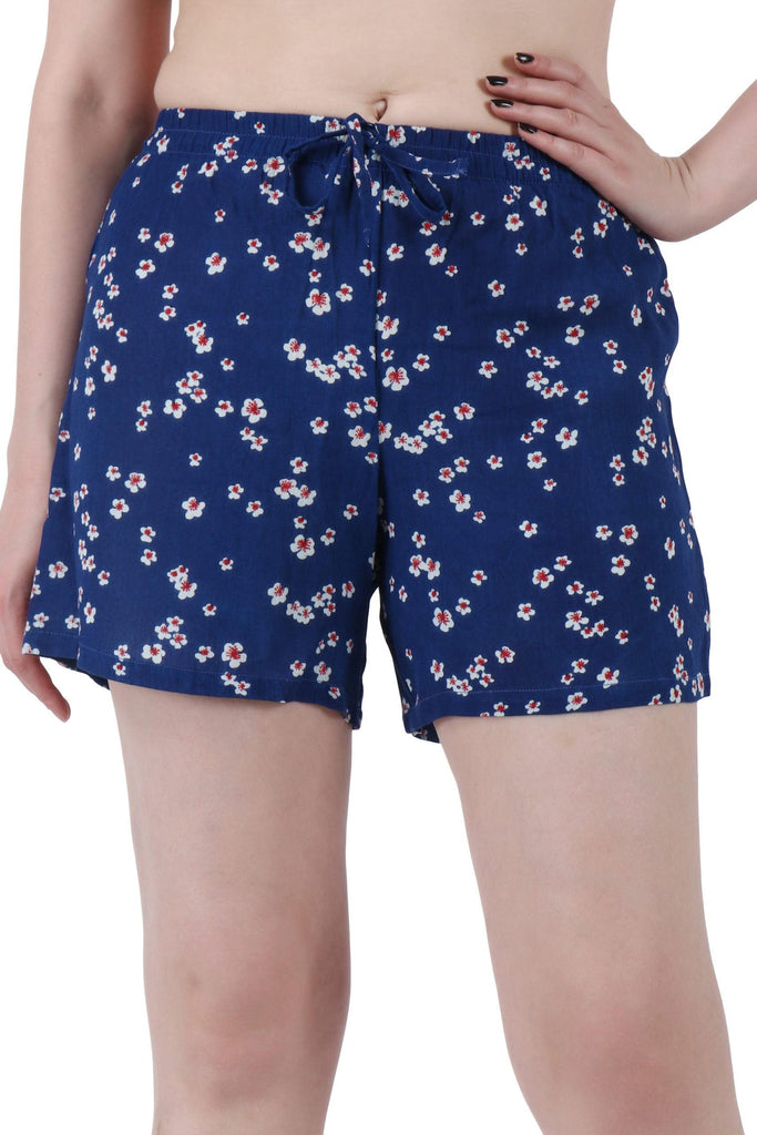 Model wearing Viscose Crepe Shorts with Pattern type: Floral-1