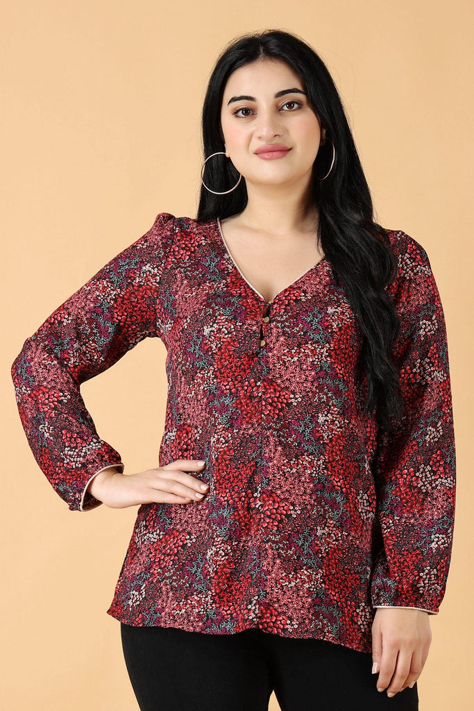 Model wearing Poly Crepe Top with Pattern type: Small Floral-13