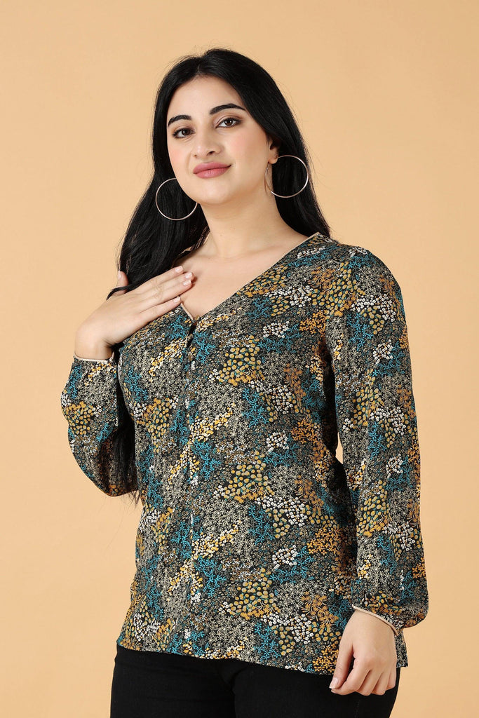 Model wearing Poly Crepe Top with Pattern type: Small Floral-1