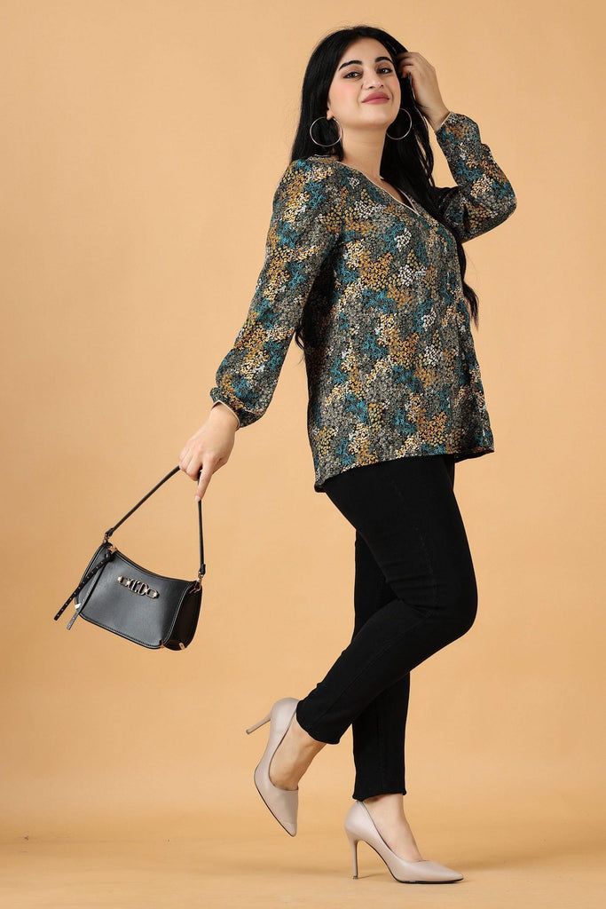Model wearing Poly Crepe Top with Pattern type: Small Floral-3