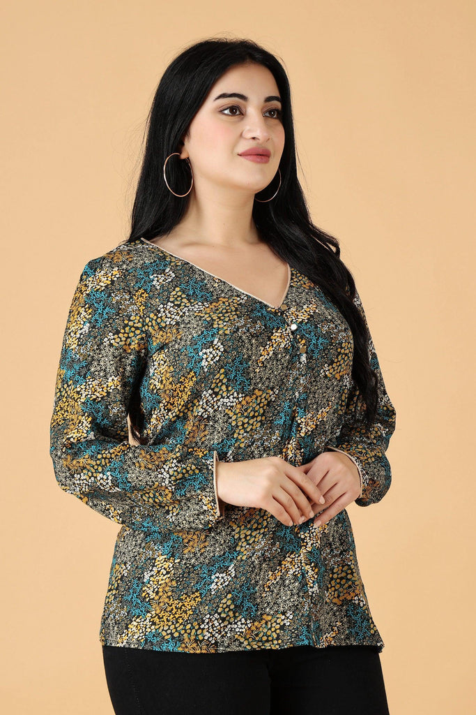 Model wearing Poly Crepe Top with Pattern type: Small Floral-5