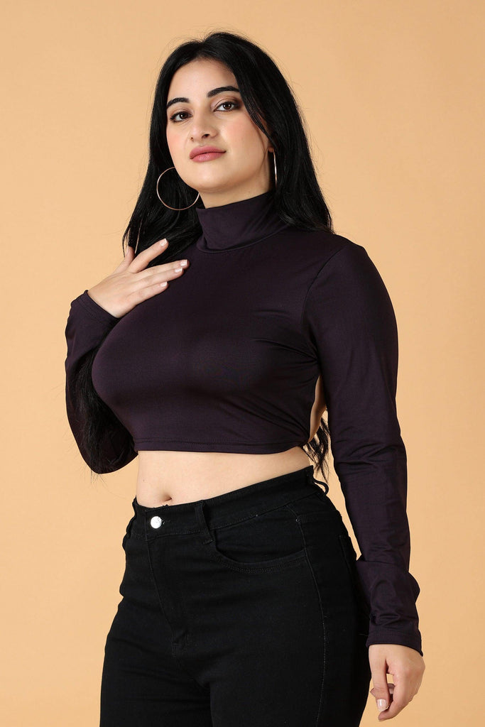 Model wearing Viscose Lycra Crop Top with Pattern type: Solid-14
